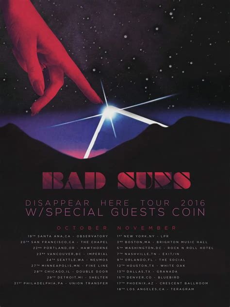 Bad suns tour - Bad Suns Concert Schedule No Events! =(Track Bad Suns! About Bad Suns Tour Albums. Bad Suns came on the Alternative scene with the release of the album 'Cardiac Arrest - Single' published on November 11, 2013. The song 'Cardiac Arrest' immediately became a success and made Bad Suns one of the newest emerging performers at that time. …